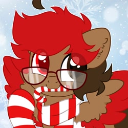 Size: 2048x2048 | Tagged: safe, artist:moonydropps, oc, oc only, pegasus, pony, candy, candy cane, clothes, ears, food, glasses, hair, high res, mane, scarf, snow, snowfall, socks, solo, spread wings, striped scarf, striped socks, wings