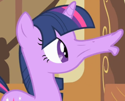Size: 766x621 | Tagged: safe, screencap, twilight sparkle, pony, unicorn, g4, party of one, season 1, cropped, cyriak, female, funny, great moments in animation, mare, not salmon, solo, wat, why the long face