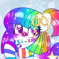 Size: 2048x2048 | Tagged: safe, artist:moonydropps, oc, oc only, pony, blushing, candy, candy cane, clothes, ears, female, food, hair, high res, mane, mare, pink eyes, scarf, snow, snowfall, socks, solo, stars, striped scarf, striped socks