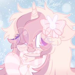 Size: 2048x2048 | Tagged: safe, artist:moonydropps, oc, oc only, pony, unicorn, bow, candy, candy cane, clothes, food, glasses, hair bow, high res, horn, pink eyes, scarf, snow, snowfall, socks, solo, striped scarf, striped socks