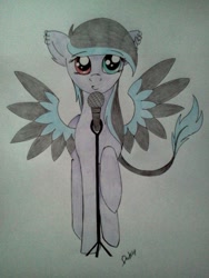 Size: 720x960 | Tagged: safe, artist:dexterisse, oc, oc only, pegasus, pony, microphone, pegasus oc, simple background, solo, traditional art, white background
