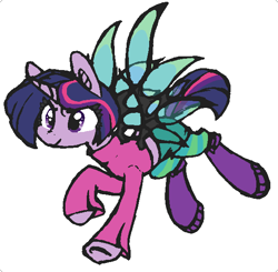 Size: 587x575 | Tagged: safe, alternate version, artist:artflicker, twilight sparkle, pony, unicorn, g4, artificial wings, augmented, crossover, female, magic, magic wings, mare, recolor, simple background, smiling, solo, underhoof, unicorn twilight, w.i.t.c.h., white background, will vandom, wings