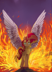 Size: 1280x1747 | Tagged: safe, artist:megalura, sunset shimmer, alicorn, pony, g4, alicornified, crying, female, fiery shimmer, fire, race swap, shimmercorn, solo