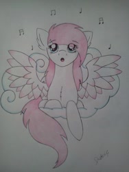 Size: 720x960 | Tagged: safe, artist:dexterisse, oc, pegasus, pony, cloud, female, mare, pegasus oc, simple background, singing, solo, traditional art, white background