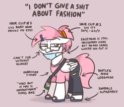 Size: 689x596 | Tagged: safe, artist:sugar morning, oc, oc only, pegasus, pony, bag, clothes, face mask, female, glasses, hairclip, mare, mask, pants, shirt, simple background, solo, t-shirt, text