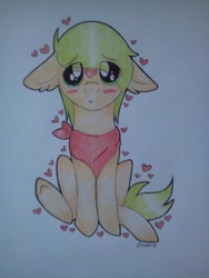 Size: 720x960 | Tagged: safe, artist:dexterisse, oc, earth pony, pony, earth pony oc, floating heart, heart, solo, traditional art