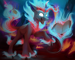 Size: 5015x3999 | Tagged: safe, artist:klarapl, oc, oc:lotus cinder, kirin, nirik, fanfic:words of power, absurd resolution, book, cloven hooves, fanfic art, female, fire, mare, spellbook, story in the source