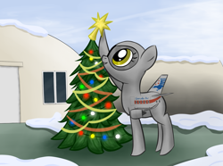 Size: 3103x2304 | Tagged: artist needed, safe, oc, oc only, oc:belle carbone, original species, plane pony, pony, airfield, alternate design, christmas, christmas decoration, christmas lights, christmas star, christmas tree, detailed background, digital art, female, giant pony, hangar, high res, holiday, looking at something, looking up, macro, mare, micro, oc focus, plane, raised hoof, snow, snowfall, solo, stars, tree, yellow eyes