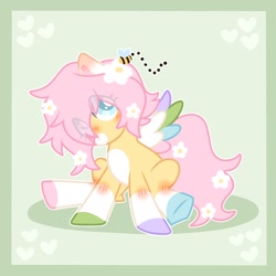 Size: 2048x2048 | Tagged: safe, artist:moonydropps, oc, oc only, oc:spring steps, pegasus, pony, flower, flower in hair, hair, high res, male, mane, sitting, solo, spread wings, stallion, tail, wings