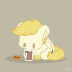 Size: 585x584 | Tagged: safe, artist:sugar morning, oc, oc:exist, griffequus, hippogriff, hybrid, pony, animated, chocolate, chocolate milk, commission, cookie, cute, food, milk, mlem, paws, silly, solo, tongue out, wings, ych result