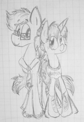 Size: 309x450 | Tagged: safe, artist:artflicker, earth pony, pony, unicorn, chell, duo, female, glasses, grayscale, height difference, long-fall boots, looking at each other, looking at someone, male, mare, monochrome, necktie, pencil drawing, ponified, portal (valve), portal 2, stallion, traditional art, wheatley