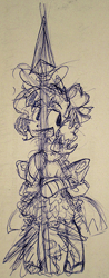 Size: 262x666 | Tagged: safe, artist:artflicker, pokey pierce, pony, unicorn, g4, bipedal, bow, clothes, dress, female, grin, hair bow, magical girl, mare, monochrome, poppy pin, rule 63, sketch, smiling, solo, spear, traditional art, weapon