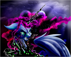 Size: 5000x4000 | Tagged: safe, artist:marrow-pony, nightmare moon, princess luna, alicorn, pony, g4, absurd resolution, angry, crying, darkness, ears back, hate, solo, starry background, tears of anger, transformation