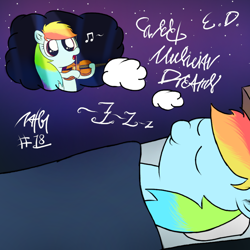 Size: 1080x1080 | Tagged: safe, artist:everydaydashie, rainbow dash, pegasus, pony, g4, atg 2022, bed, dream, female, musical instrument, newbie artist training grounds, sleeping, solo, violin