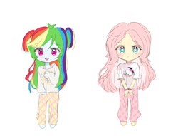 Size: 1434x1093 | Tagged: safe, artist:angel_bunny18, fluttershy, rainbow dash, human, g4, bracelet, cinnamoroll, clothes, female, hello kitty, humanized, jewelry, lesbian, looking at you, pajamas, panties, sanrio, ship:flutterdash, shipping, shirt, standing, t-shirt, underwear