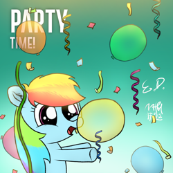 Size: 1080x1080 | Tagged: safe, artist:everydaydashie, rainbow dash, pegasus, pony, g4, atg 2022, balloon, confetti, female, newbie artist training grounds, solo, streamers