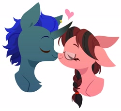 Size: 3000x2757 | Tagged: safe, artist:belka-sempai, oc, oc only, pony, unicorn, duo, duo male and female, eyes closed, female, glasses, heart, high res, horn, kissing, male, mare, simple background, smiling, stallion, white background