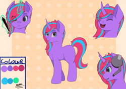 Size: 7016x4961 | Tagged: safe, artist:morrigun, oc, oc only, pony, unicorn, eyes closed, eyes open, female, headphones, heterochromia, horn, magic, mare, pen, reference sheet