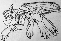 Size: 728x486 | Tagged: safe, artist:artflicker, oc, oc only, bird, bird pone, hybrid, pony, grayscale, hoof claws, monochrome, solo, traditional art