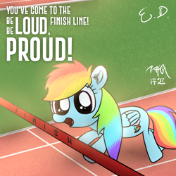 Size: 1080x1080 | Tagged: safe, artist:everydaydashie, rainbow dash, pegasus, pony, g4, atg 2022, female, finish line, newbie artist training grounds, race, solo