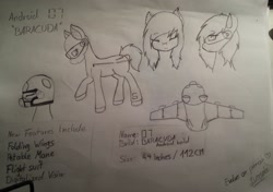 Size: 2856x2016 | Tagged: artist needed, safe, oc, oc only, oc:oh-seven, original species, plane pony, cute, drone, eyelashes, female, headgear, headset, helmet, high res, mane, mare, ocbetes, pencil drawing, plane, reference sheet, solo, traditional art, visor, wig