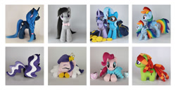 Size: 1565x800 | Tagged: safe, artist:larsen toys, nightmare rarity, octavia melody, pinkie pie, pipp petals, princess luna, rainbow dash, starlight glimmer, tree hugger, trixie, alicorn, earth pony, pegasus, pony, unicorn, g4, g5, clothes, female, horn, irl, lying down, mare, photo, plushie, prone, scarf, standing, wings