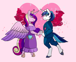 Size: 1280x1057 | Tagged: safe, artist:animalstamp, princess cadance, shining armor, alicorn, unicorn, anthro, unguligrade anthro, g4, clothes, dress, female, flower, heart, holding hands, jewelry, looking at each other, looking at someone, male, pink background, ring, rose, ship:shiningcadance, shipping, simple background, straight, suit, wedding ring