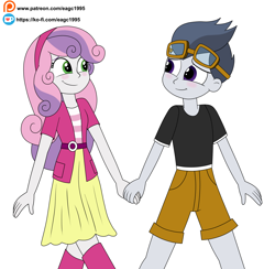 Size: 3240x3156 | Tagged: safe, artist:eagc7, rumble, sweetie belle, human, equestria girls, g4, blushing, clothes, colored, commission, equestria girls-ified, female, goggles, high res, holding hands, male, patreon, patreon reward, ship:rumbelle, shipping, simple background, straight, white background