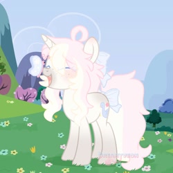 Size: 2000x2000 | Tagged: safe, artist:dreamyveon_, oc, butterfly, pony, unicorn, bow, flower, hair, high res, horn, mane, open mouth, solo, tail