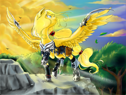 Size: 6061x4581 | Tagged: safe, artist:marrow-pony, oc, pegasus, pony, absurd file size, absurd resolution, bag, blade, cliff, clothes, cyan eyes, detailed background, determined, forest background, light rays, raised hoof, saddle bag, solo, spread wings, standing, weapon, wingblade, wings, yellow coat, yellow mane