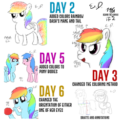 Size: 1080x1080 | Tagged: safe, artist:everydaydashie, firefly, rainbow dash, pegasus, pony, g1, g4, atg 2022, female, newbie artist training grounds, simple background, text, white background