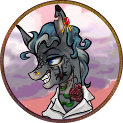 Size: 984x984 | Tagged: safe, artist:saby, derpibooru exclusive, oc, oc only, oc:mulia wild, hybrid, mule, the last summer, blue eyes, blue mane, bust, character token, clothes, colored, ear piercing, facial markings, female, gray coat, grin, mare, mature, mealy mouth (coat marking), mule oc, nose piercing, nose ring, piercing, pirate, portrait, roleplay illustration, shirt, smiling, solo, tattoo, toothy grin, torn ear, wavy mane, wrinkles