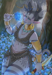 Size: 751x1064 | Tagged: safe, artist:papayapus, zecora, human, g4, alternate hairstyle, belly button, bra, bracelet, bush, clothes, cute, ear piercing, earring, elf ears, female, humanized, jewelry, knife, leaf, midriff, neck rings, necklace, piercing, poison joke, pony coloring, skirt, solo, tail, tailed humanization, tree, underwear, zecorable