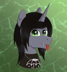 Size: 1209x1284 | Tagged: safe, artist:dyonys, pony, unicorn, :p, abstract background, bust, clothes, commission, disguise, disguised siren, fangs, fins, grin, horn, kellin quinn, looking at you, male, ponified, scales, shirt, sleeping with sirens, slit pupils, smiling, solo, t-shirt, tongue out