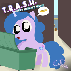 Size: 1080x1080 | Tagged: safe, artist:everydaydashie, izzy moonbow, pony, unicorn, dumpster diving, g5, my little pony: tell your tale, spoiler:g5, spoiler:my little pony: tell your tale, atg 2022, dumpster, female, newbie artist training grounds, solo, trash