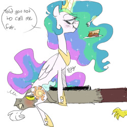 Size: 1024x1024 | Tagged: safe, artist:chandelurres, discord, princess celestia, alicorn, draconequus, pony, g4, cake, cakelestia, dialogue, eating, food, fork, plate, simple background, sitting, white background