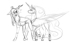 Size: 1280x756 | Tagged: safe, artist:animalstamp, princess celestia, queen chrysalis, alicorn, changeling, pony, g4, monochrome, sketch