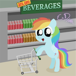 Size: 1081x1081 | Tagged: safe, artist:everydaydashie, rainbow dash, pegasus, pony, g4, female, groceries, shopping, shopping cart, solo, store