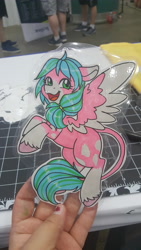 Size: 5312x2988 | Tagged: safe, artist:inkkeystudios, oc, oc only, pony, badge, colored wings, colored wingtips, flying, happy, leonine tail, open mouth, open smile, photo, smiling, solo, tail, traditional art, two toned wings, unshorn fetlocks, wings