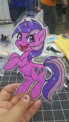 Size: 5312x2988 | Tagged: safe, artist:inkkeystudios, amethyst star, sparkler, pony, unicorn, g4, :3, badge, happy, looking at you, open mouth, open smile, paper pony, photo, smiling, solo, traditional art