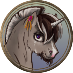 Size: 256x256 | Tagged: safe, artist:saby, derpibooru exclusive, oc, oc only, oc:plankwalker, pony, unicorn, the last summer, bust, character token, coat markings, dun, ear piercing, earring, facial hair, facial markings, jewelry, looking at you, male, piercing, pirate, portrait, purple eyes, roached mane, roleplay illustration, scarred, smiling, smirk, solo, stallion, stripe (coat marking)