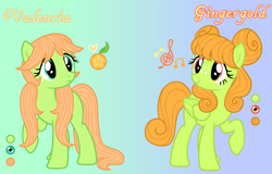 Size: 3493x2242 | Tagged: safe, artist:friendshipizfucked, artist:sir-psych0-s3xy, oc, oc only, oc:gingergold, oc:valencia, oc:valencia orange, pegasus, pony, base used, cutie mark, duo, female, food, gradient background, high res, mare, offspring, orange, parent:big macintosh, parent:fluttershy, parents:fluttermac, reference sheet, siblings, sisters