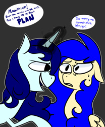 Size: 1024x1229 | Tagged: safe, artist:chandelurres, oc, oc:moonbrush, oc:winter shadow, pegasus, pony, unicorn, dialogue, duo, female, magic, mare, mouth hold, simple background, speech bubble, sweat