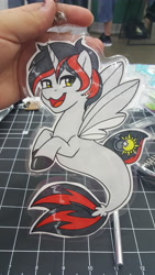 Size: 5312x2988 | Tagged: safe, artist:inkkeystudios, oc, oc only, pony, seapony (g4), unicorn, :3, badge, lidded eyes, looking at you, open mouth, open smile, photo, smiling, solo, spread wings, traditional art, wings