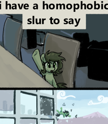 Size: 384x441 | Tagged: safe, artist:plunger, oc, oc only, oc:filly anon, earth pony, pony, broken window, chair, defenestration, drawthread, earth pony oc, female, filly, foal, glasses, implied homophobia, meme, ponified animal photo, ponified meme, raised hoof, reference in the description, solo, window