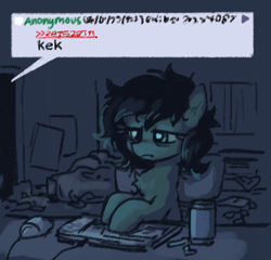 Size: 298x286 | Tagged: safe, artist:plunger, oc, oc only, oc:filly anon, earth pony, pony, 4chan, bags under eyes, can, chair, chest fluff, computer, computer mouse, drawthread, earth pony oc, female, filly, foal, kek, keyboard, messy mane, sitting, solo, tired