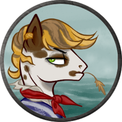 Size: 256x256 | Tagged: safe, artist:saby, derpibooru exclusive, oc, oc only, oc:peppy prancer, earth pony, pony, the last summer, brown coat, bust, character token, clothes, coat markings, ear piercing, earring, glare, green eyes, jewelry, male, mouth hold, neckerchief, piercing, pinto, pirate, portrait, roleplay illustration, shirt, solo, stallion, straw in mouth, white coat, yellow mane