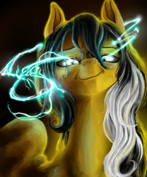 Size: 5000x6000 | Tagged: safe, artist:marrow-pony, oc, pegasus, pony, absurd file size, absurd resolution, black mane, glowing, glowing eyes, lightning, looking at you, solo, two toned mane, white mane, wings, yellow coat, you're fucked