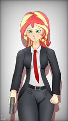Size: 3000x5334 | Tagged: safe, artist:film77asq, sunset shimmer, human, g4, clothes, female, gradient background, gun, humanized, suit, weapon