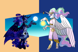 Size: 1280x853 | Tagged: safe, artist:animalstamp, princess celestia, princess luna, anthro, unguligrade anthro, g4, clothes, duo, female, looking at each other, looking at someone, moon, profile, royal sisters, siblings, sisters, split screen, spread wings, standing, sun, two sides, wings